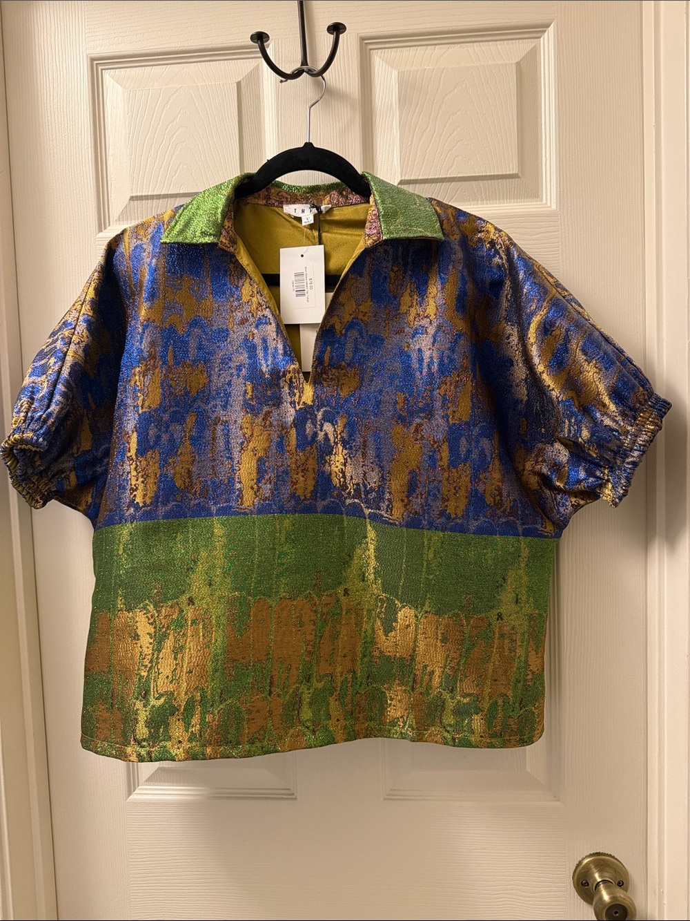 THML Blue, Green & Gold Metallic Short-Sleeve Jacquard Blouse